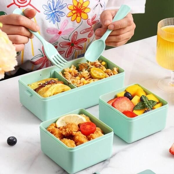 4 In 1 Double Layer Plastic Lunch Box With Cutlery Set - Image 3