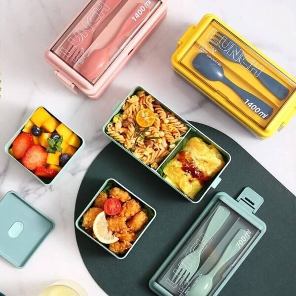 4 In 1 Double Layer Plastic Lunch Box With Cutlery Set - Image 6